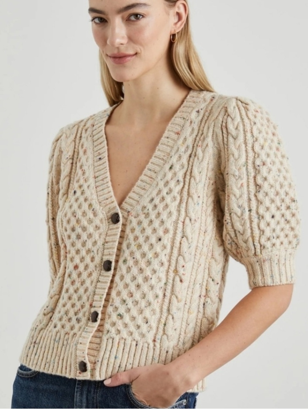Rails Women’s Isla Confetti Cream V-Neck Puff Sleeves Cardigan